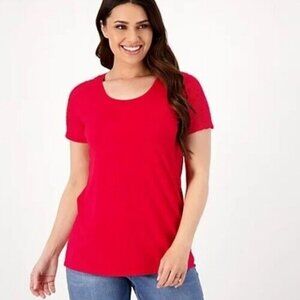 Susan Graver Weekend Cool Touch Raglan Ruched Cap-Sleeve Top Cherry Splash,M